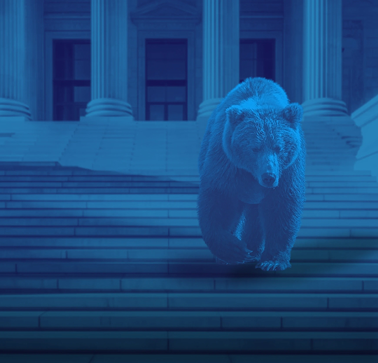Blue-tinted image of a bear walking down wide stone steps in front of large classical columns and building entrance.