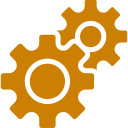 Two interlocking brown gears indicating mechanical or technical process.