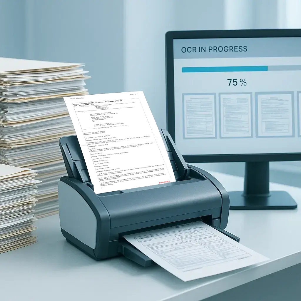 Document scanner on a desk processing sheets with a computer screen showing 75% OCR progress.