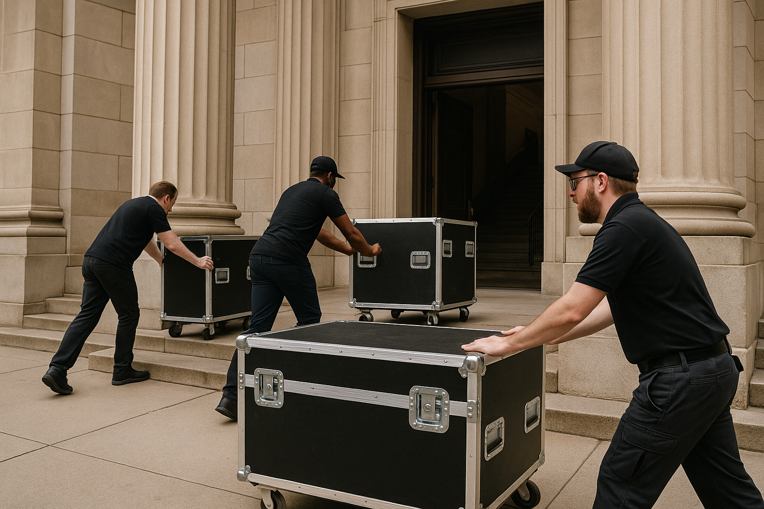 Three men in black uniforms pushing large black equipment cases on wheels up steps outside a neoclassical building.