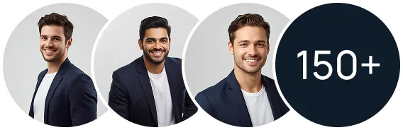 Portrait photos of three smiling men in business casual attire and a circle with '150+' text.