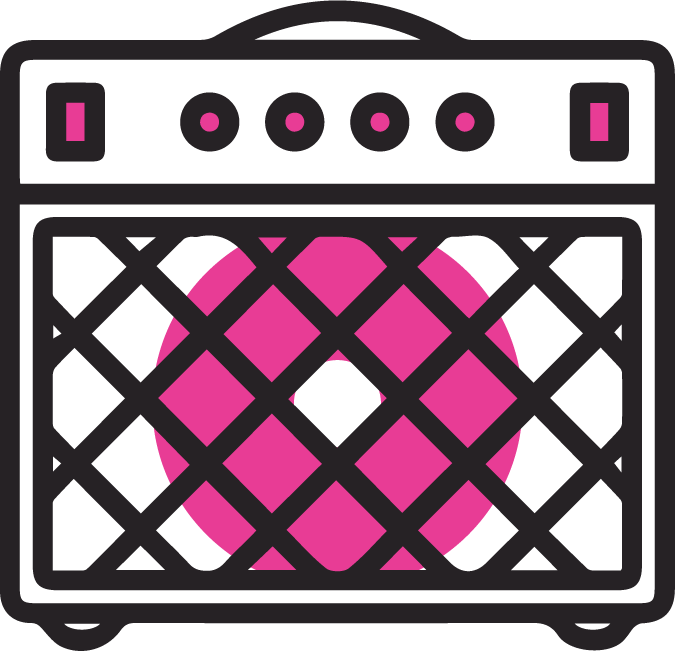 ICON: Stylized guitar amplifier icon with pink speaker and control knobs.