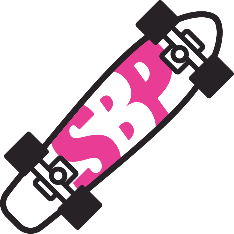 ICON: Top view of a pink skateboard deck with black wheels and white letters 'SBP'.