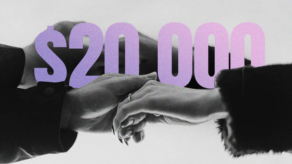 hands overlaid with the text $20,000