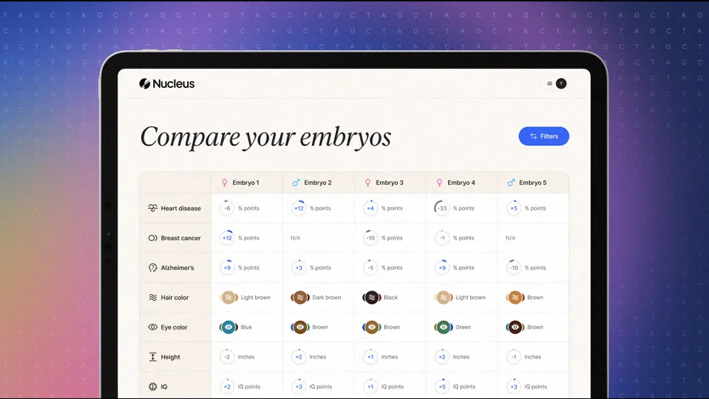 preview of Nucleus app on a tablet: Compare your embryos, with a list of features in a table (hair color, eye color, height, IQ, heart disease)