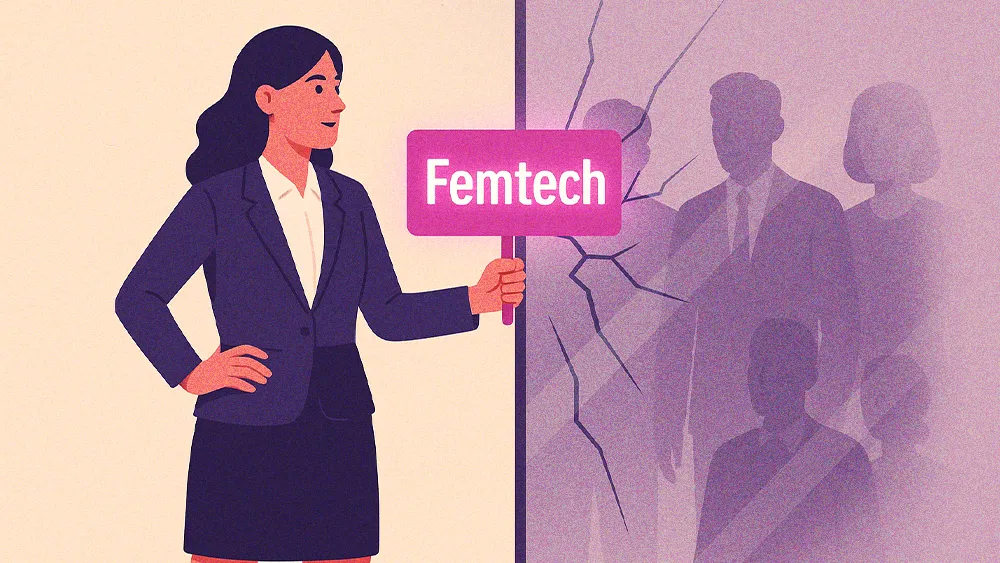 cartoon woman holding Femtech sign, using it to smash glass