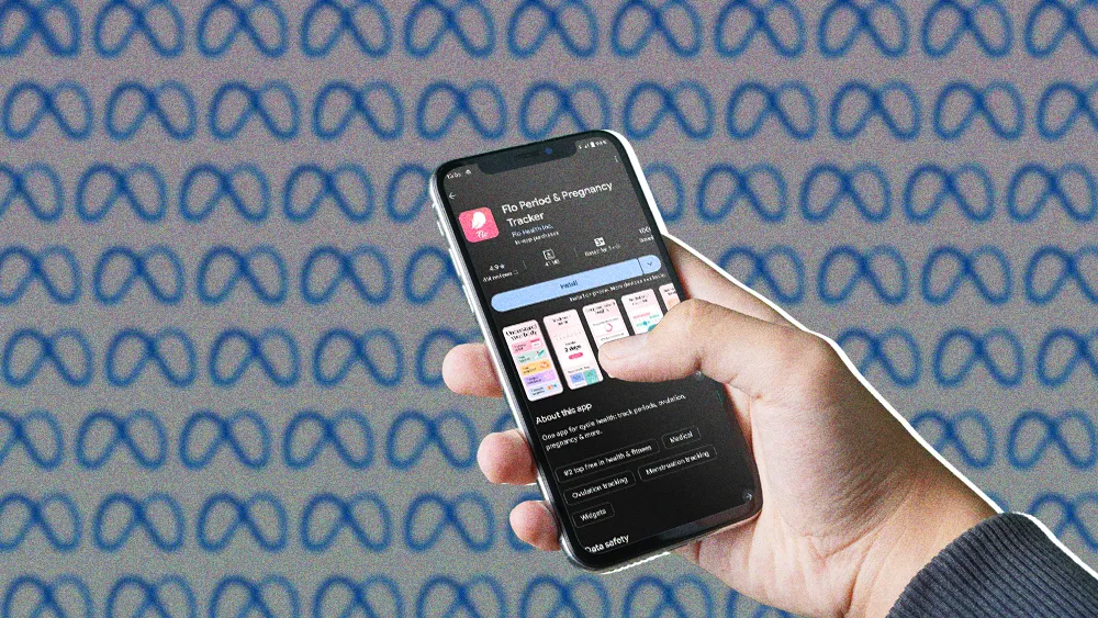 hand holding phone showing the option to install Flo Period and Pregnancy Tracker, in front of a background of Meta logos