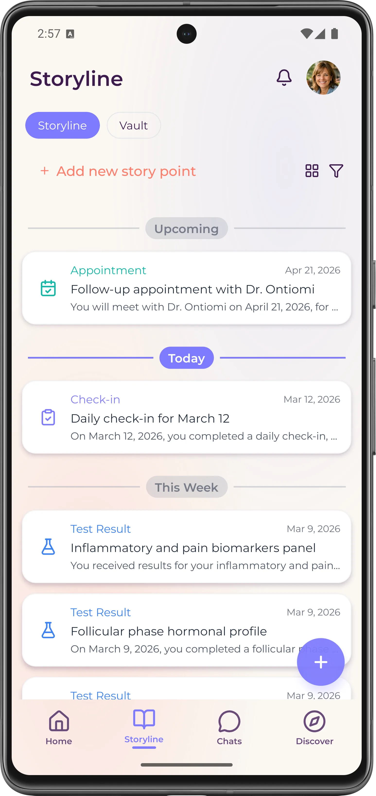 Mobile app screen showing a Storyline with upcoming and recent health-related events including appointments, daily check-ins, and test results, with navigation icons at the bottom.