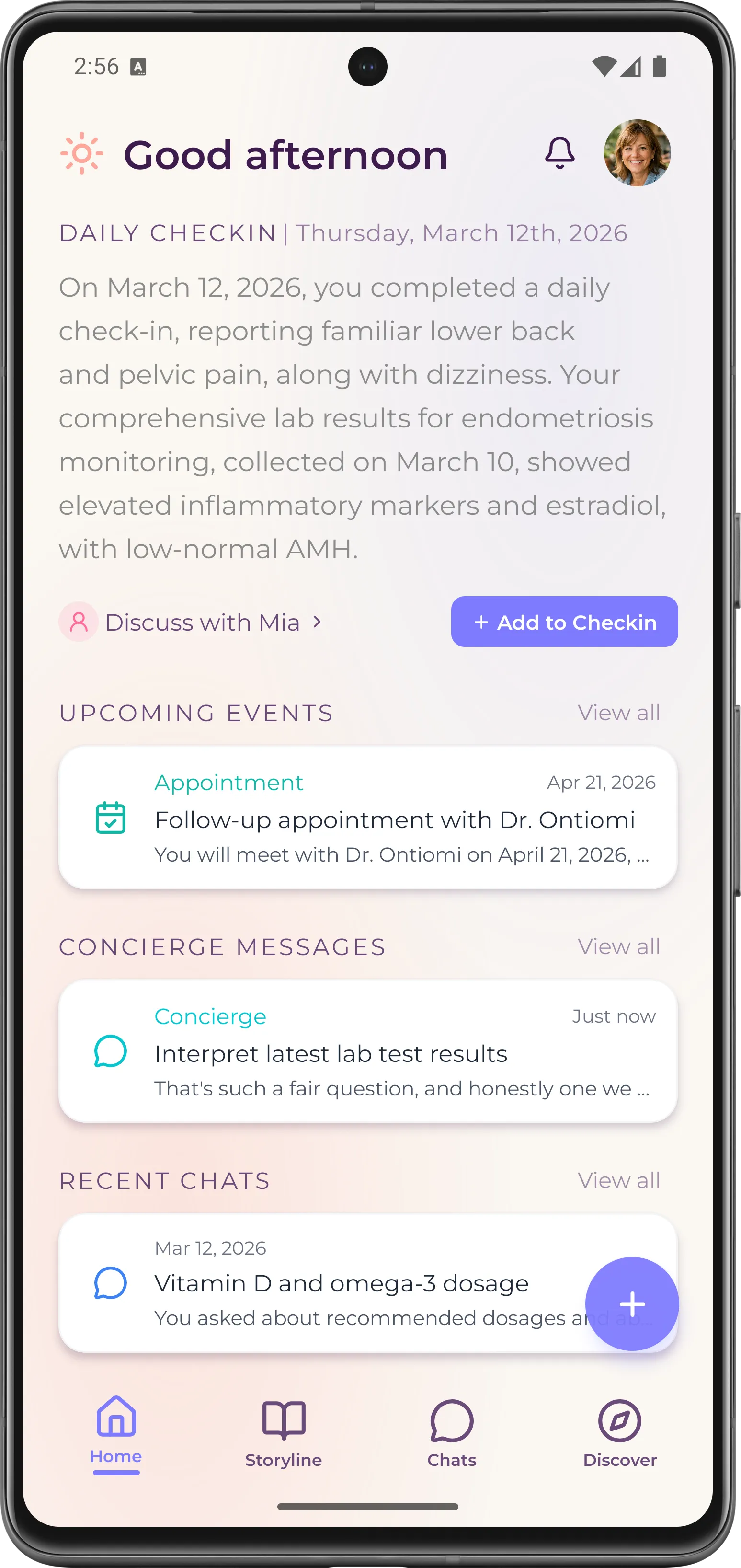 Mobile health app screen showing March 12, 2026 daily check-in summary with symptoms and lab results. Upcoming appointment on April 21, concierge message to interpret lab tests, recent chat about vitamin D and omega-3 dosage, and navigation icons for Home, Storyline, Chats, and Discover.