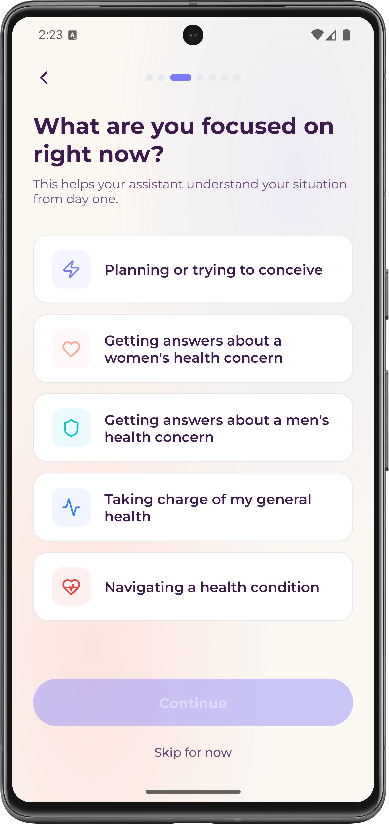 Mobile screen showing a health app asking 'What are you focused on right now?' with options for planning to conceive, women's health, men's health, general health, or navigating a health condition.