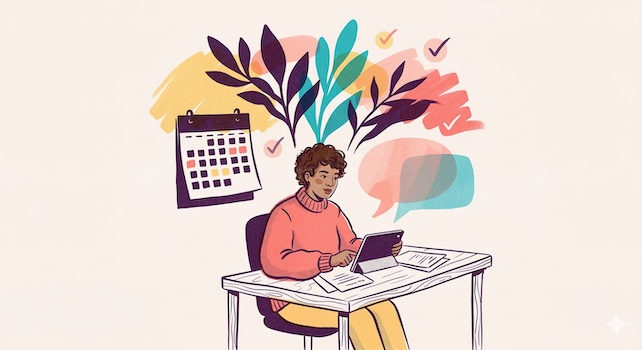 Person sitting at a desk working on a tablet with papers, calendar, and colorful leaves and speech bubbles around.
