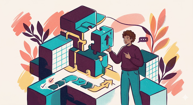 Illustration of a person assembling large puzzle pieces with arrows and checkmarks, surrounded by abstract colorful leaves.