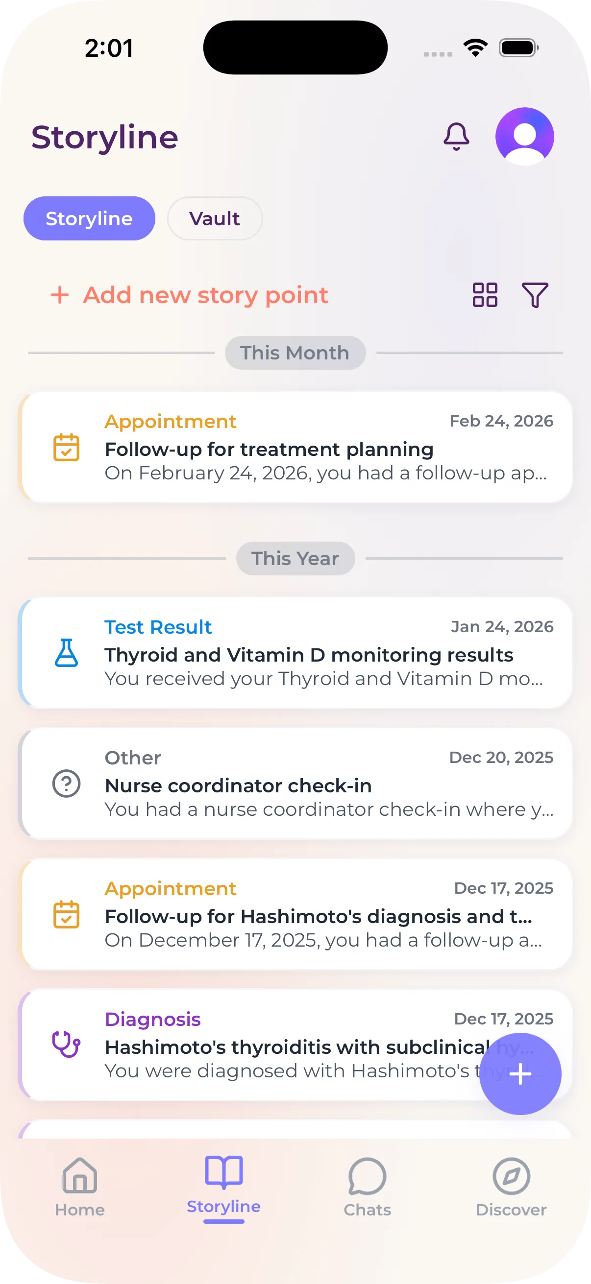 Medical app screen showing a timeline of health story points including appointments, test results, nurse check-in, and diagnosis with dates from December 2025 to February 2026.