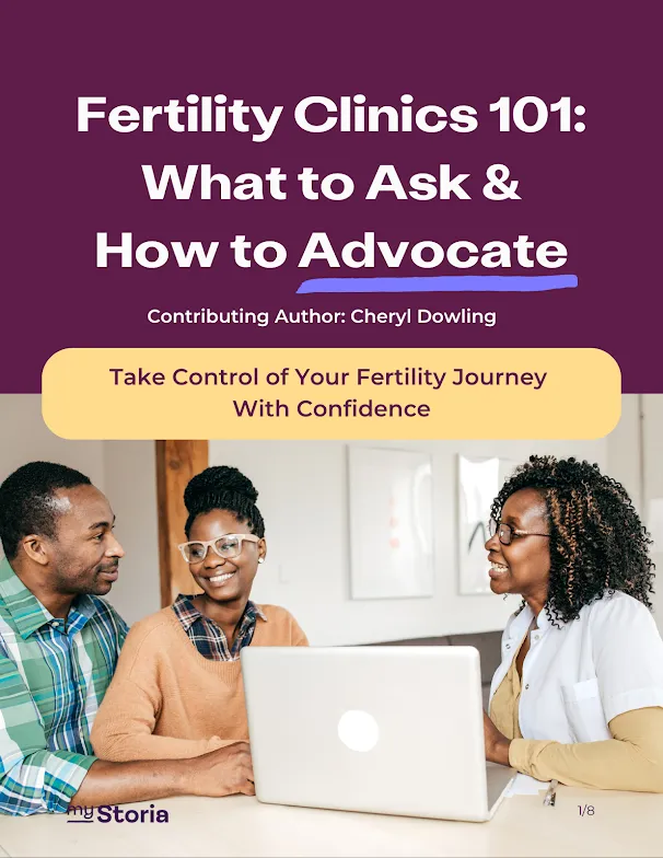 Cover of a fertility guide titled 'Fertility Clinics 101: What to Ask & How to Advocate' featuring a smiling couple consulting with a female healthcare professional over a laptop.