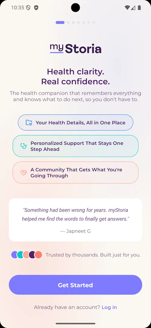 Mobile screen showing myStoria health app welcome page with options for health details, personalized support, and community support, plus a testimonial and a Get Started button.