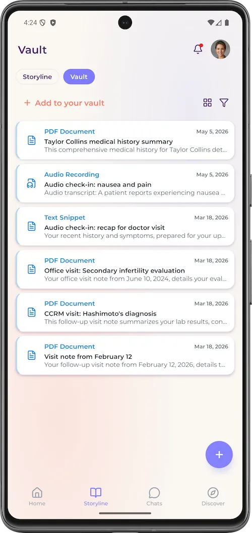 Screenshot from app. Vault. Add to your vault. PDF document. Audio Recording. Text snippet.