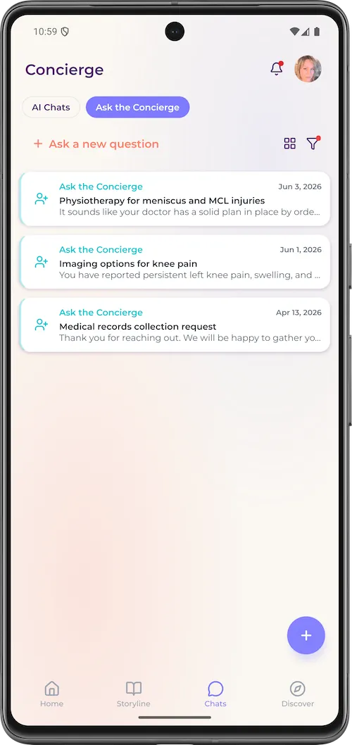 myStoria screenshot: Concierge. Ask the Concierge. Ask a new question. Physiotherapy for mensicsus and MCL injuries. Imaging options for knee pain. Medical records collection request.