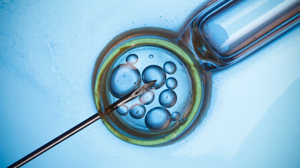 CGI of needle tip interacting with cells, viewed through a microscope