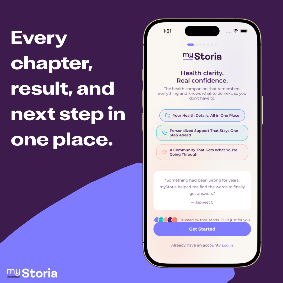 Every chapter, result and next step in one place. myStoria: With picture of mobile app.