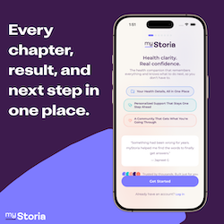 Every chapter, result and next step in one place. myStoria: With picture of mobile app.