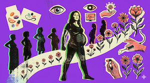A powerful middle aged woman stands in front of a purple illustrated background featuring growing flowers mapped along a continuum with women in various stages of pregnancy, decorated by medical and nutritional symbols, and eyes as a representation of chromosomal changes.