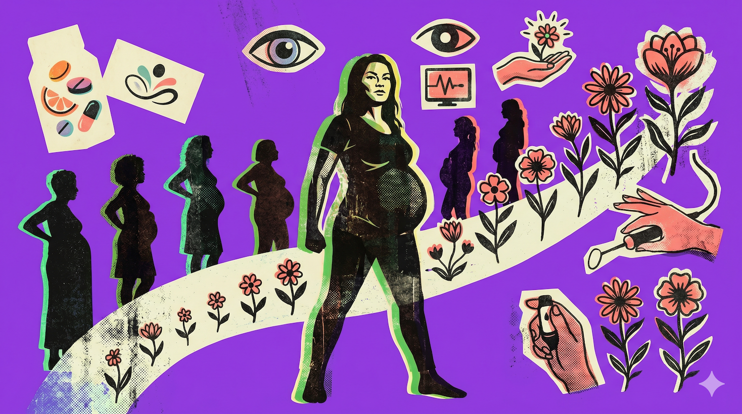 A powerful middle aged woman stands in front of a purple illustrated background featuring growing flowers mapped along a continuum with women in various stages of pregnancy, decorated by medical and nutritional symbols, and eyes as a representation of chromosomal changes.