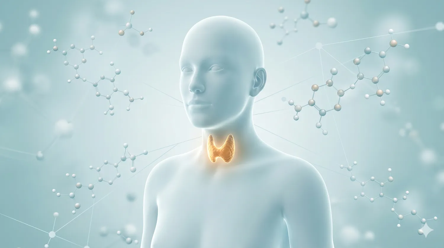 cgi person with their thyroid highlighted and chemical symbols in the background