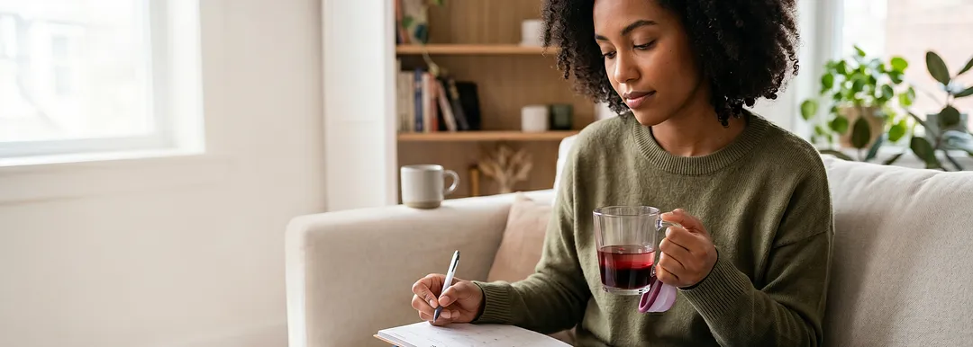 Woman with natural hair in a green sweater writing in a notebook while holding a glass mug of red tea and a menstrual cup, seated on a couch in a cozy home setting