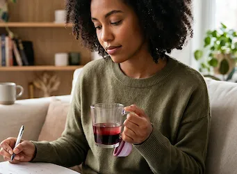 Woman with natural hair in a green sweater writing in a notebook while holding a glass mug of red tea and a menstrual cup, seated on a couch in a cozy home setting