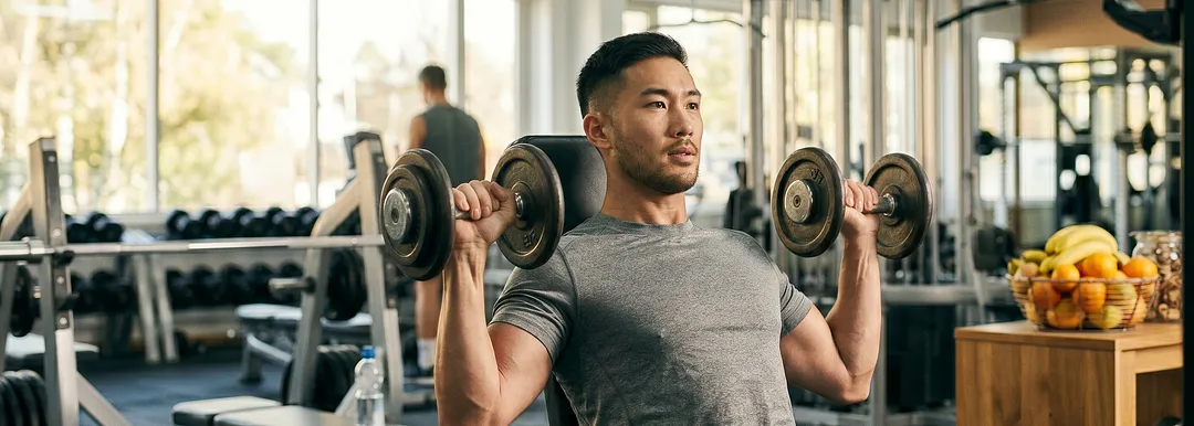 Man in a grey t-shirt doing dumbbell shoulder presses in a well-lit gym. There's fruit in the background.