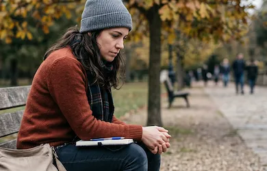 Woman in a rust sweater and grey beanie sitting alone on a park bench in autumn, looking downward with a contemplative or somber expression