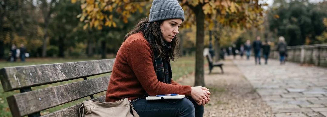 Woman in a rust sweater and grey beanie sitting alone on a park bench in autumn, looking downward with a contemplative or somber expression