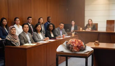 A funky-looking gemstone (representing a less-graphic adnexal mass) sits on a witness stand in a courtroom, with a speech bubble asking 'What am I? Why am I here?' — a jury looks on in the background.