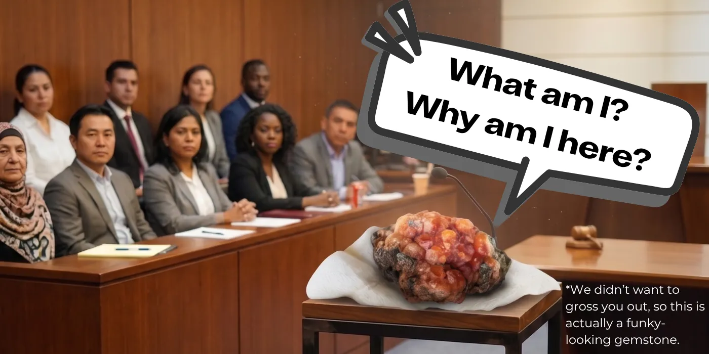 A funky-looking gemstone (representing a less-graphic adnexal mass) sits on a witness stand in a courtroom, with a speech bubble asking 'What am I? Why am I here?' — a jury looks on in the background.