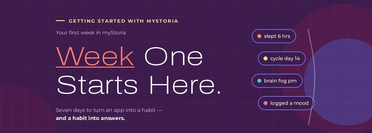 Seven days to turn an app into a habit, and a habit into answers. Slept 6 hours. Cycle day 14. Brain fog PM. Logged a mood.