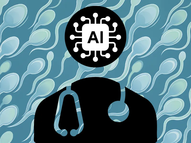 Silhouetted medical professional with an AI microchip icon replacing their head, surrounded by sperm cells on a teal background