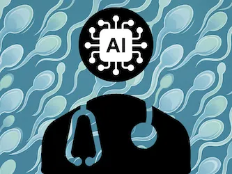 Silhouetted medical professional with an AI microchip icon replacing their head, surrounded by sperm cells on a teal background
