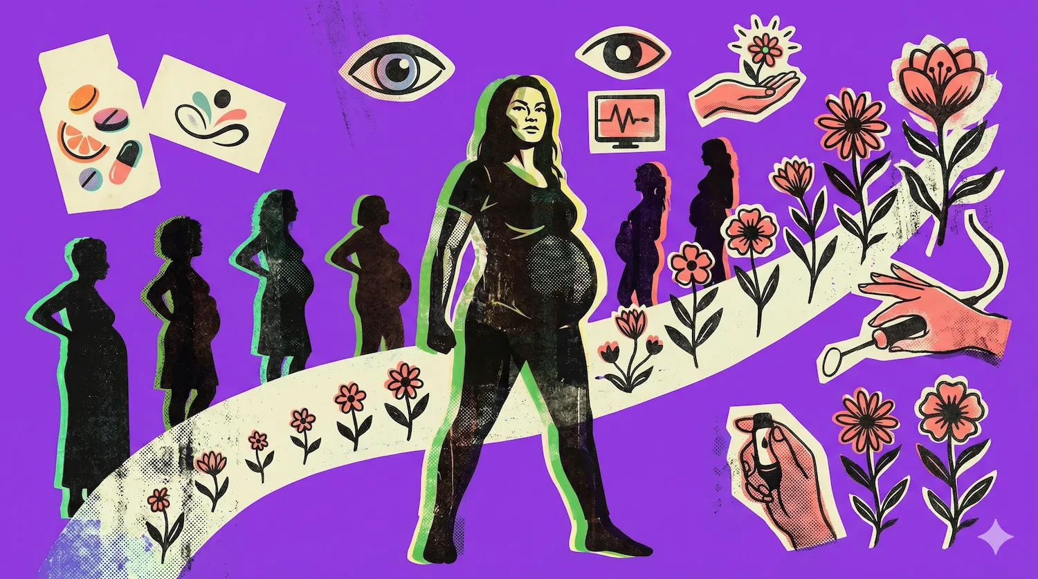 A powerful middle aged woman stands in front of a purple illustrated background featuring growing flowers mapped along a continuum with women in various stages of pregnancy, decorated by medical and nutritional symbols, and eyes as a representation of chromosomal changes.