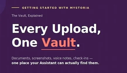 Getting started with myStoria. The vault, explained. Every upload, one vault. Documents, screenshots, voice notes, check-ins — one place your Assistant can actually find them.