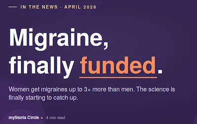 Migraine, fully funded. Women get migraines up to 3x more than men. The science is finally starting to catch up. In the news, April 2026. myStoria Circle: 4 min read.