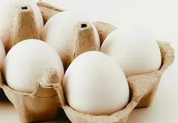 Six white eggs in an open cardboard egg carton against a white background