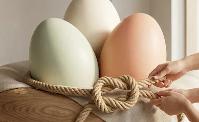 Three gigantic eggs in sage green, terracotta, and cream displayed on a wooden platform with rope, while hands tie a knot in the foreground