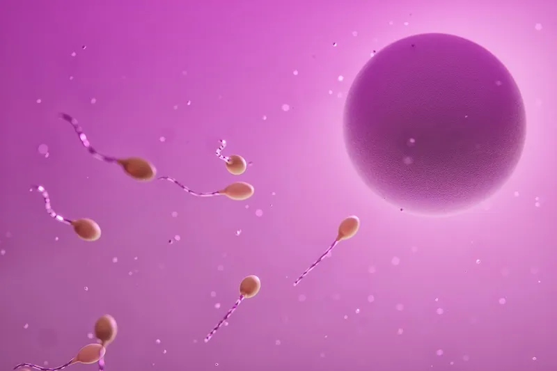 stylized image of human sperm cells approaching an egg