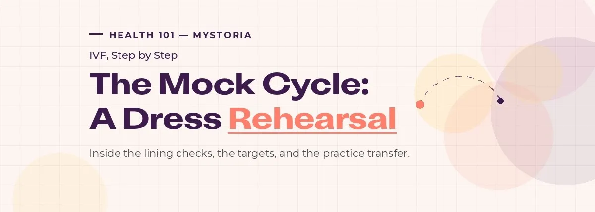 Health 101 from myStoria: IVF, Step by step. The mock cycle: A dress rehearsal. Inside the lining checks, the targets, and the practice transfer.
