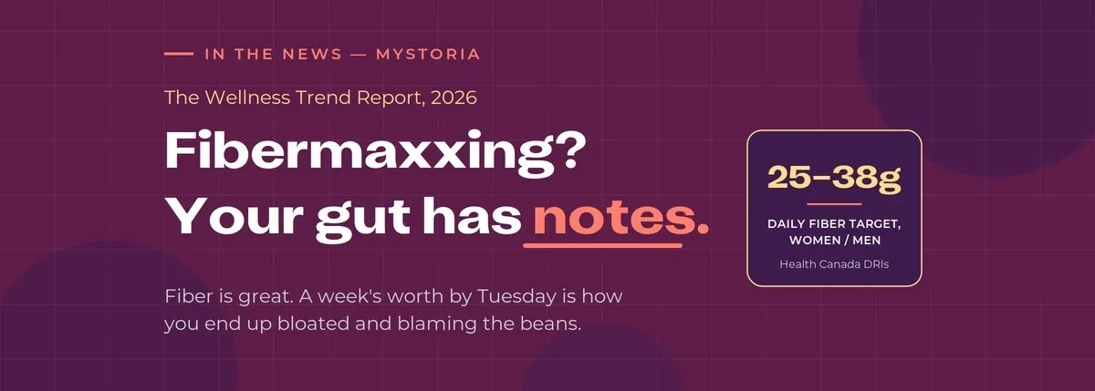 myStoria in the news: The Wellness Trend Report 2026. Fibermaxxing? Your gut has notes. Fiber is great. A week's worth by Tuesday is how you end up bloated and blaming the beans.