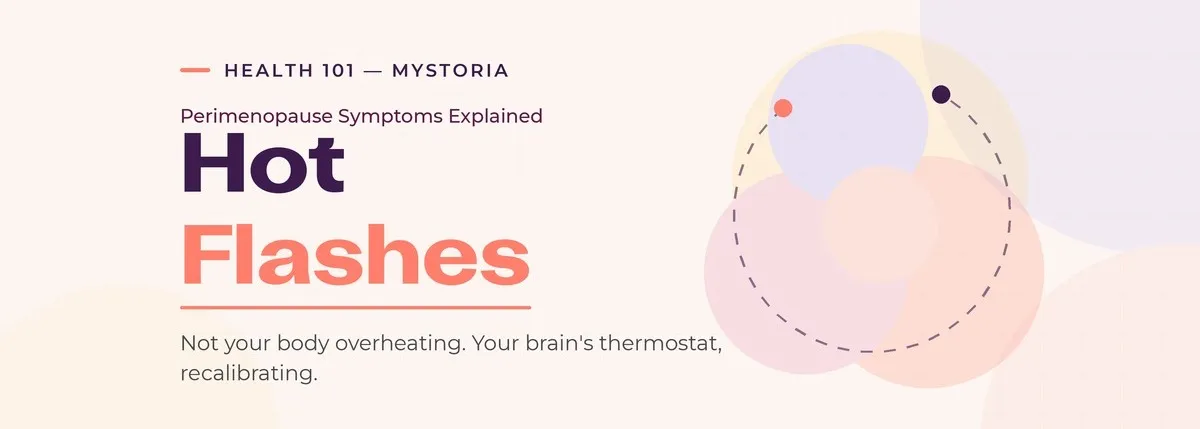 Health 101 myStoria: Hot Flashes. Perimenopause symptoms explained. Not your body overheating. Your brain's thermostat, recalibrating.