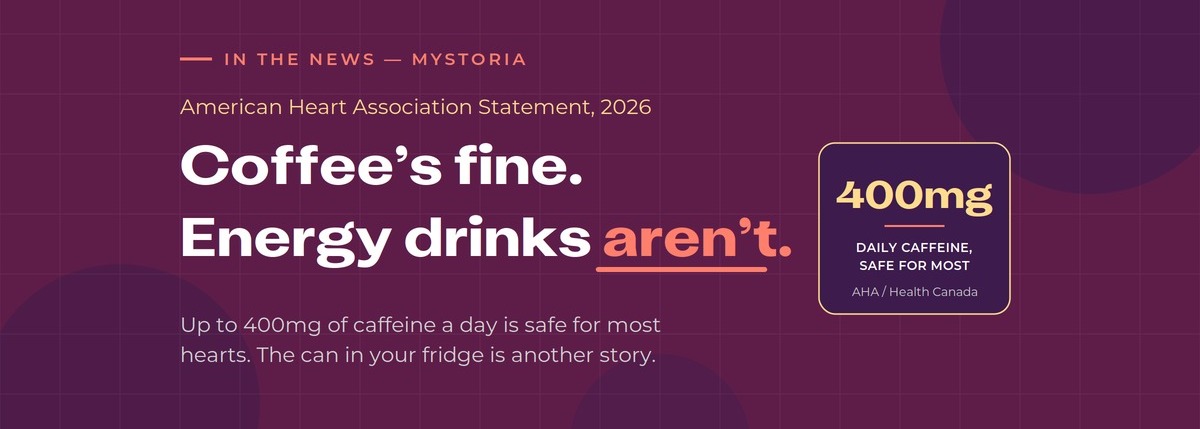 American Heart Association Statement: Coffee's fine. Energy drinks aren't. Up to 400mg of caffeine a day is safe for most hearts. The can is your fridge is another story.