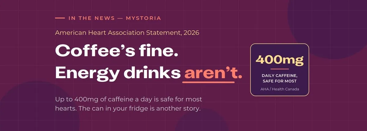 American Heart Association Statement: Coffee's fine. Energy drinks aren't. Up to 400mg of caffeine a day is safe for most hearts. The can is your fridge is another story.