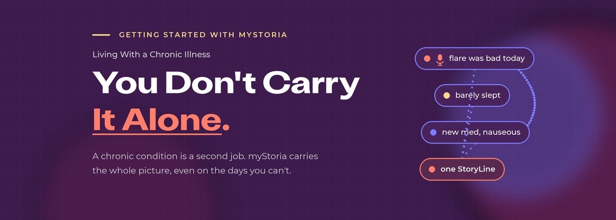 Getting started with myStoria. Living with a chronic illness. You don't carry it alone. A chronic condition is a second job. myStoria carries the whole picture, even on the days you can't. Flare was bad today? Barely slept? New med, nauseous? One StoryLine!