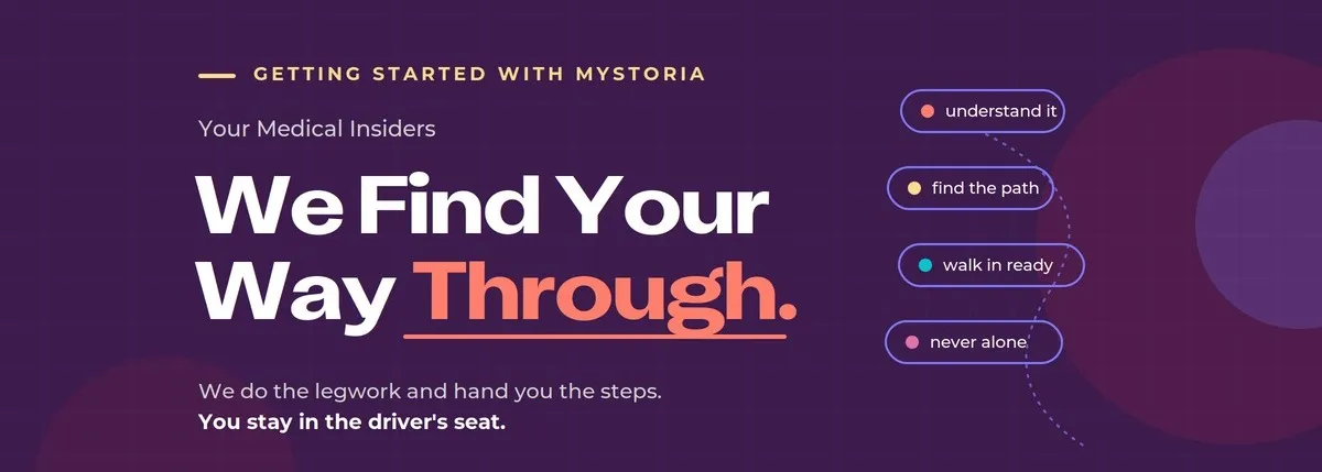 Getting started with myStoria. Your medical insiders. We find your way through. We do the legwork and hand you the steps. You stay in the driver's seat. Understand it. Find the path. Walk in ready. Never alone.